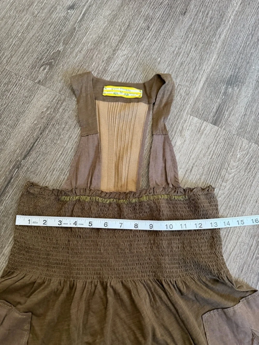 Brown Pocketed Smocked Apron Dress